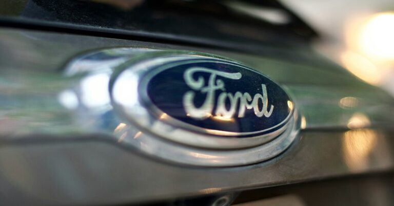 The front bumper tag of a Ford vehicle