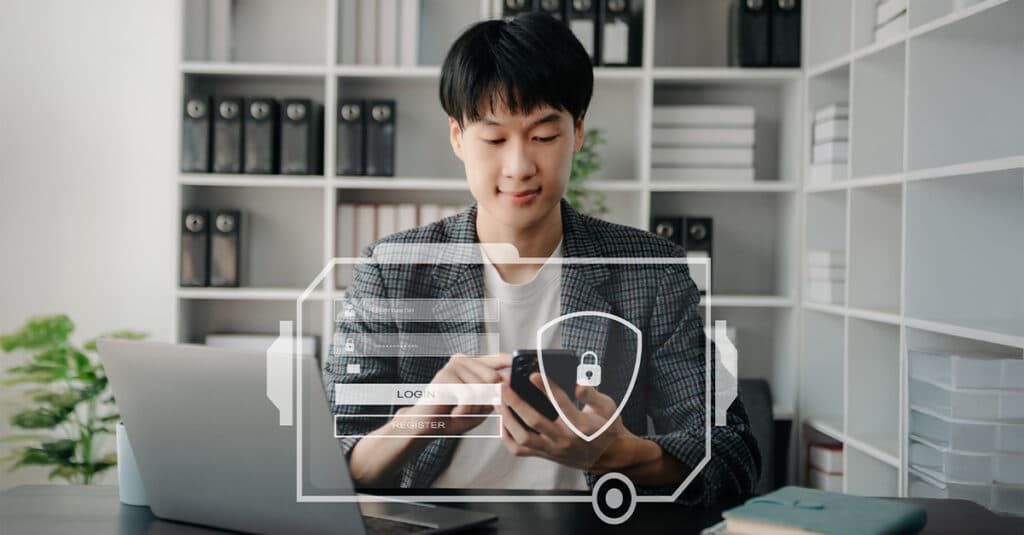 A man operating AI banking solutions on a mobile device