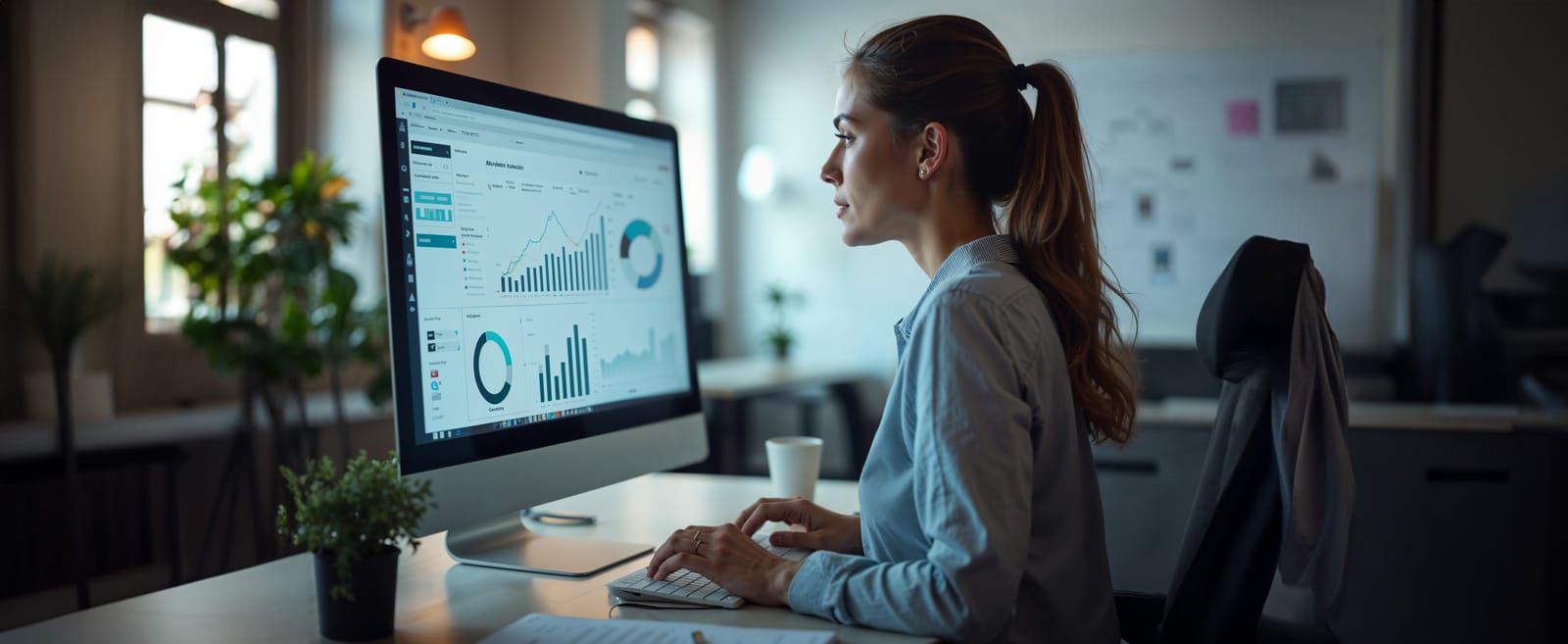 Woman viewing a dashboard on a computer screen, illustrating real-time insights powered by data analytics.