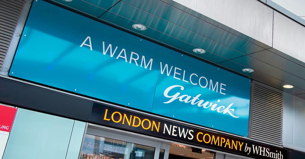 Entrance of Gatwick, one of the airports that trust on the Getronics Airports Solutions