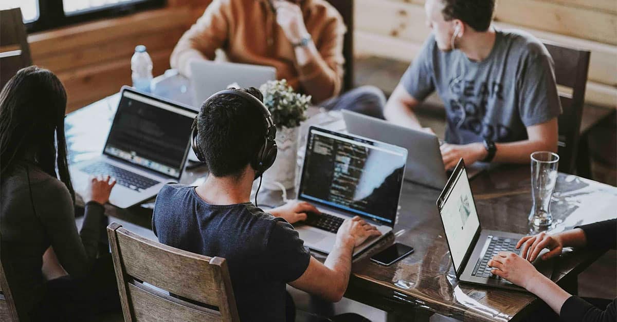 Team working in a shared desk