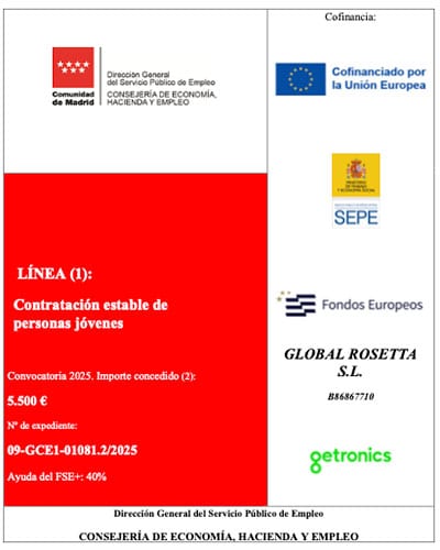 Cartel de la subvención otorgada a Getronics por parte de la Comunidad de Madrid, en España. 
