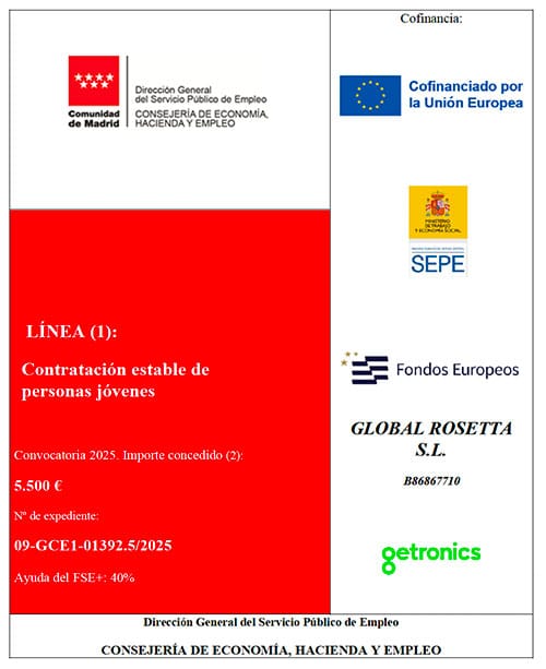Cartel de la subvención otorgada a Getronics por parte de la Comunidad de Madrid, en España.