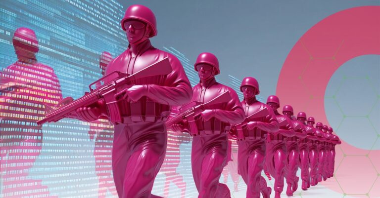 Pink toy soldiers marching in a line, symbolising robust cybersecurity
