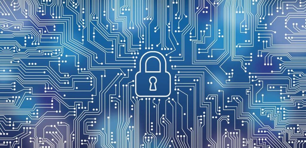 A graphic padlock sits at the centre of a complex circuit board pattern, symbolising trustworthy security