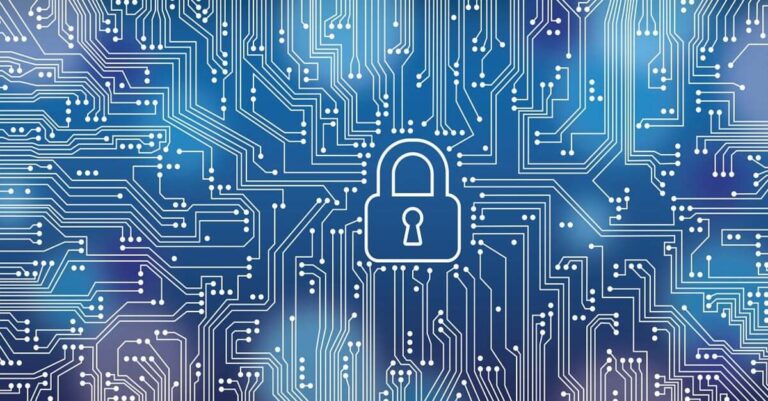 A graphic padlock sits at the centre of a complex circuit board pattern, symbolising trustworthy security