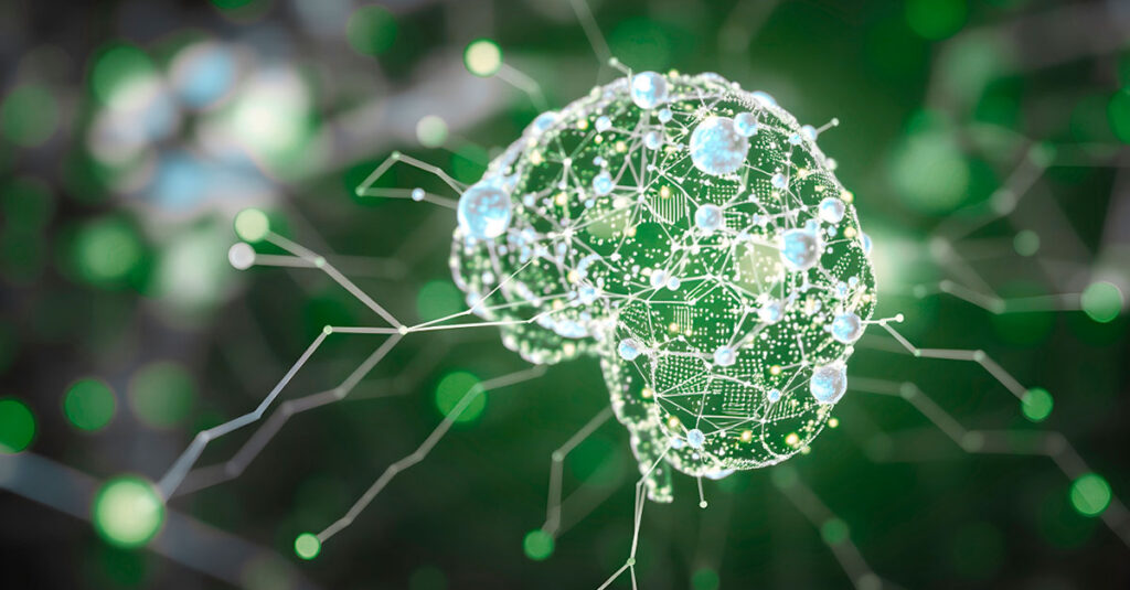 A suspended brain connected to neural and digital networks, visualizing evolving AI security risks and intelligent cyber threats.