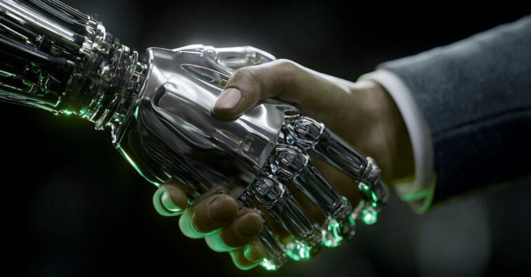 A human shaking hands with a cyborg, illustrating the hidden AI security risks as advanced threats evolve