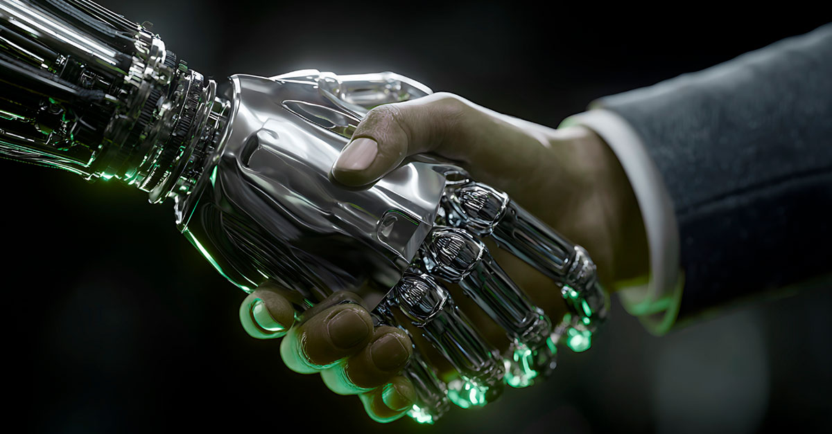 A human shaking hands with a cyborg, illustrating the hidden AI security risks as advanced threats evolve