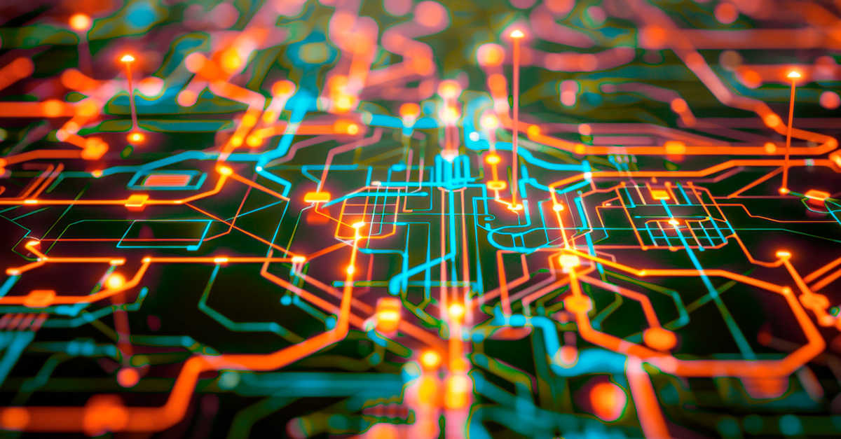 Abstract visualization of a circuit board, designed to represent digital technology, data flow, artificial intelligence, or a futuristic network.