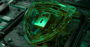 Conceptual illustration of cybersecurity, depicting a digital security shield and padlock on a computer motherboard.