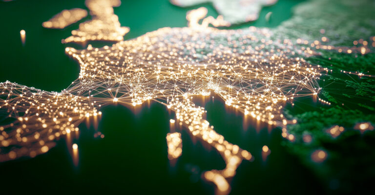 Digital visualization representing the interconnected networks across Europe