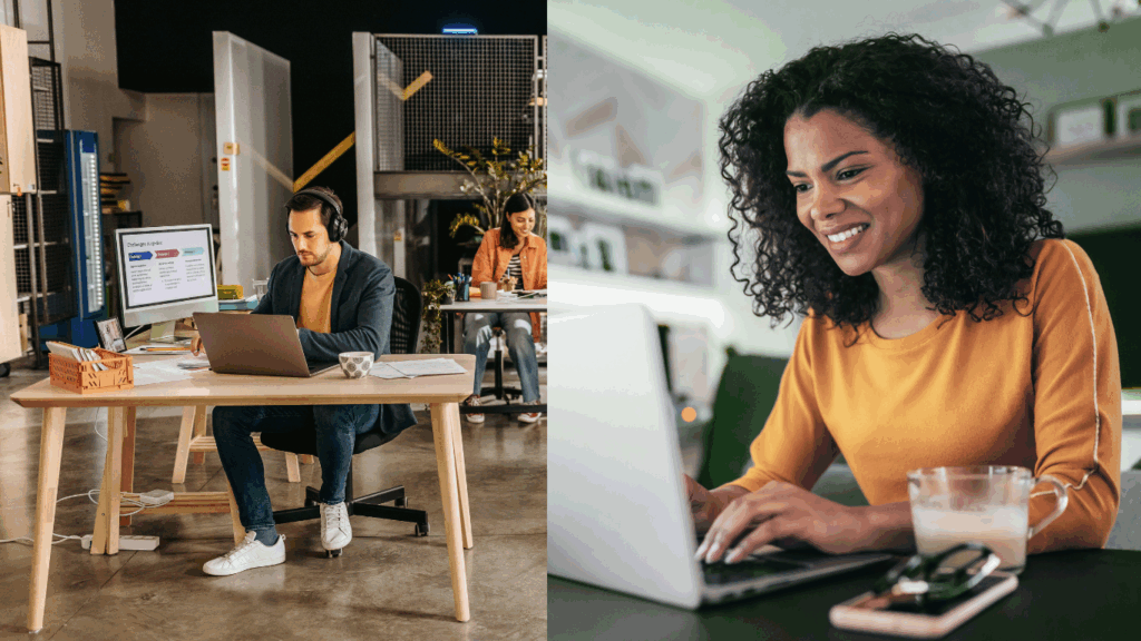 A composite image showing two scenes: On the left, a man works at a desk with a laptop and a monitor in an open-plan office; on the right, a smiling woman works on a laptop in a brighter, casual setting.